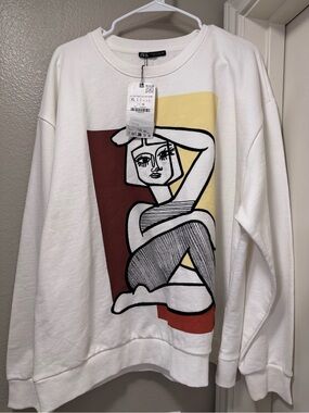 Zara White Sweatshirt with Maroon and Pale Yellow Graphic